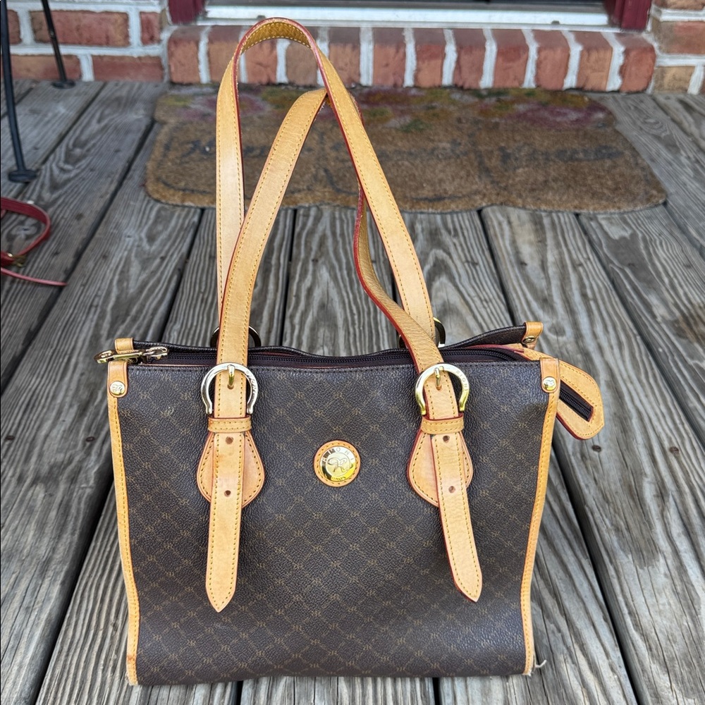 Rioni Brown and Tan Patterned Bag with Gold Detail